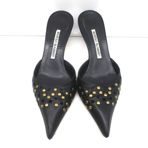 Manolo Blahnik Studded Mules Balu Black Perforated Leather Size 36.5 Kitten Heel