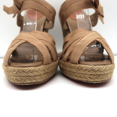 Christian Louboutin Delfin 120 Platform Espadrille Wedges Brown Ribbon Size 40