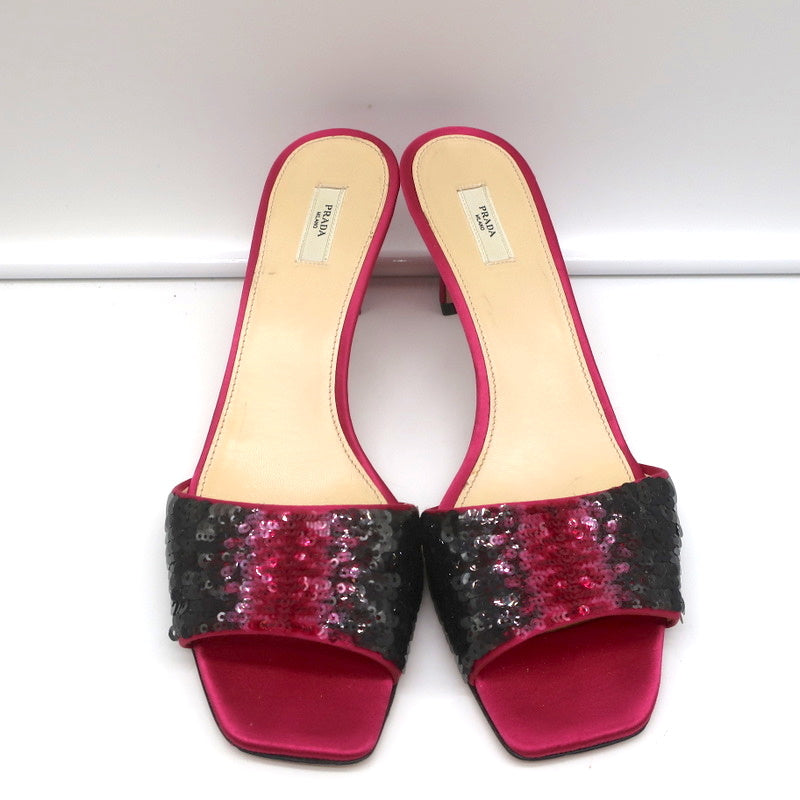 Prada Ombre Sequin Mules Fuchsia Satin Size 38 Open Toe Slide Sandals