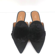 Aquazzura Powder Puff Pom Pom Mules Black Suede Size 38.5 Pointed Toe Flats
