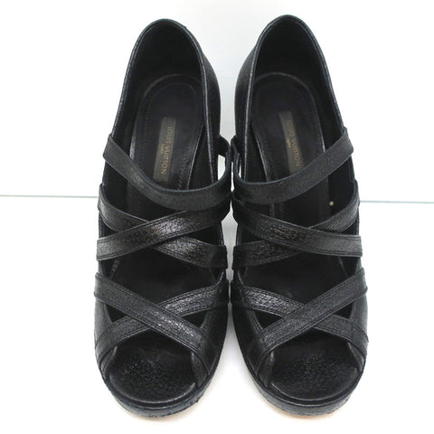 Louis Vuitton Ball Whip Crisscross Pumps Black Leather Size 35.5 Open Toe Heels