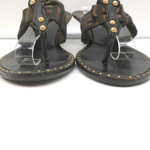 Fendi Zucca Thong Sandals Brown with Black Leather Size 36.5 Kitten Heel Slides