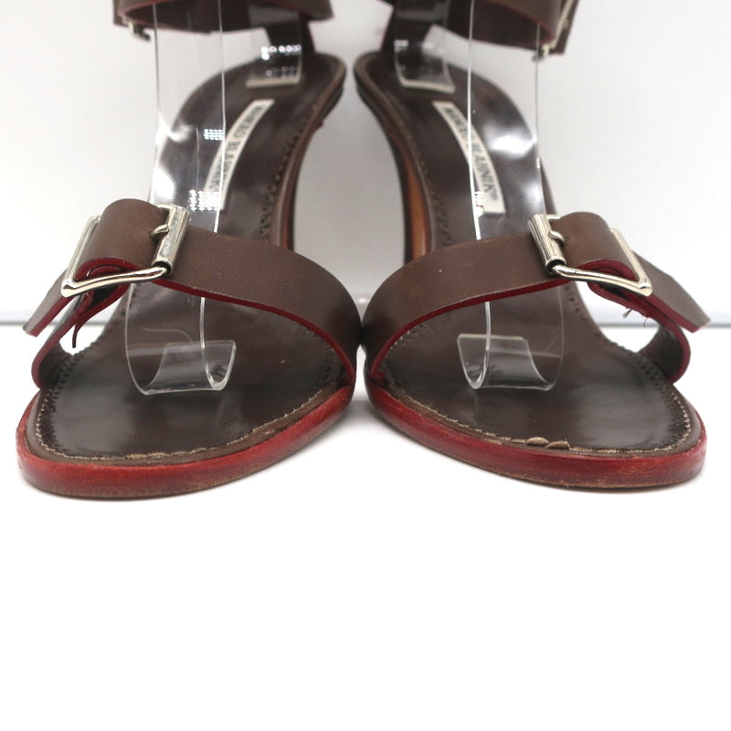Manolo Blahnik Double Ankle Strap Sandals Dark Brown Leather Size 38.5
