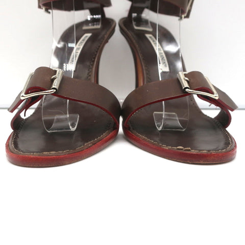 Manolo Blahnik Double Ankle Strap Sandals Dark Brown Leather Size 38.5
