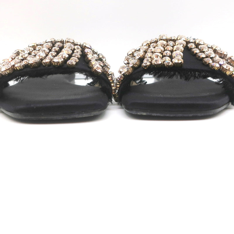 Anna Baiguera Crystal Fringe Slide Sandals Black Satin Size 38 Flat Mules