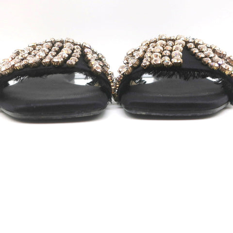 Anna Baiguera Crystal Fringe Slide Sandals Black Satin Size 38 Flat Mules