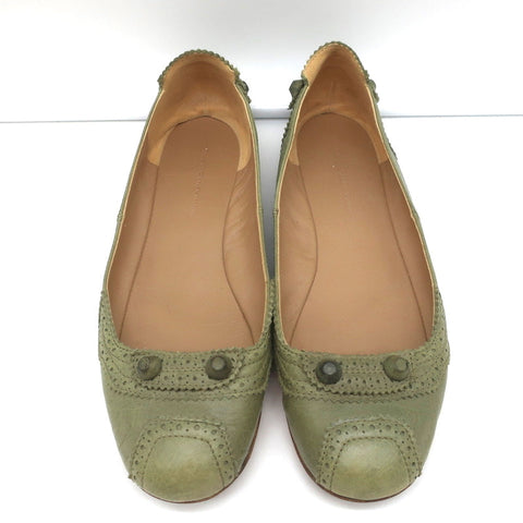 Balenciaga Brogue Studded Ballet Flats Sage Arena Leather Size 38