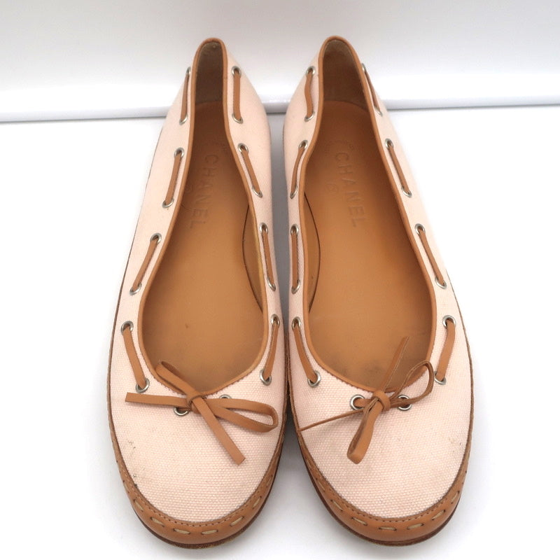 Laced Bow Ballet Flats Very Light Pink Canvas & Tan Leather Size 39.5