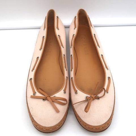 Laced Bow Ballet Flats Very Light Pink Canvas & Tan Leather Size 39.5