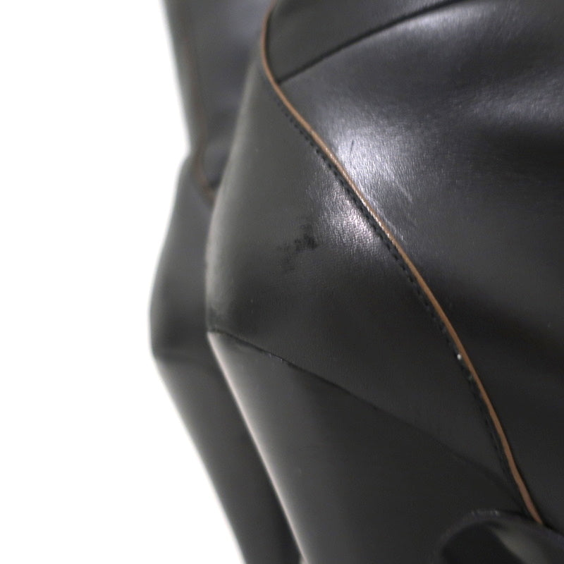 Hermes Knee High Boots Brown-Trimmed Black Leather Size 36 High Heel
