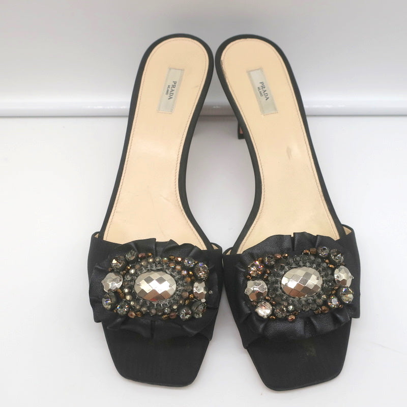Prada Mules Black Embellished Leather & Faille Size 38 Open Toe Sandals