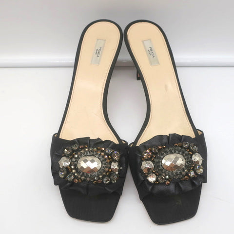 Prada Mules Black Embellished Leather & Faille Size 38 Open Toe Sandals