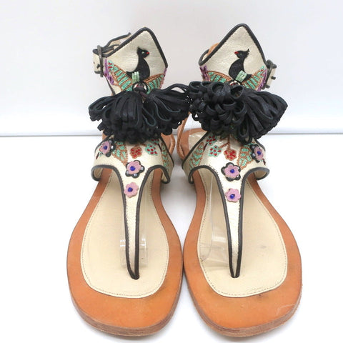 Meher Kakalia Tiki Sofia Tassel Sandals Beaded Embroidered Leather Size 41