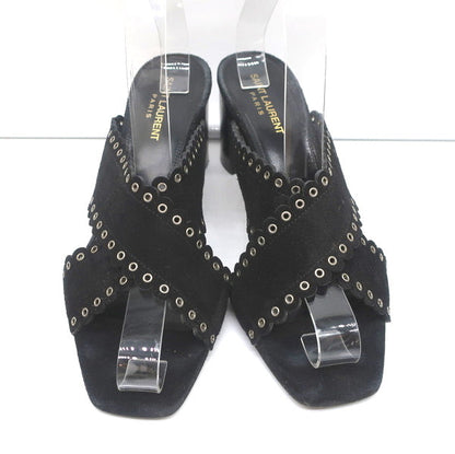 Saint Laurent Loulou Slide Sandals Black Eyelet-Trim Suede Size 39.5 High Heel