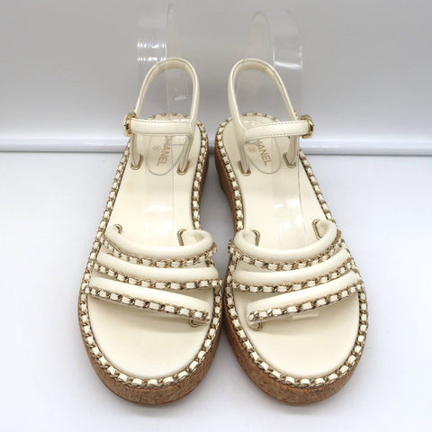 Cork Platform Sandals Cream Chain-Trim Leather Size 37.5 CC Ankle Strap