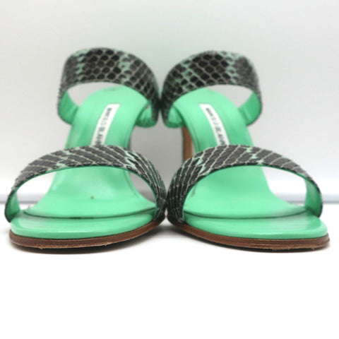 Manolo Blahnik Muluca Double-Band Slide Sandals Mint Snakeskin Size 38.5