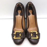 Chloe Buckle Wedge Pumps Dark Brown Leather Size 40