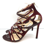Jimmy Choo Strappy Sandals Burgundy Patent & Suede Size 39 Open Toe Heel NEW