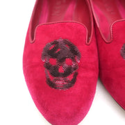 Alexander McQueen Sequin Skull Loafers Magenta Suede Size 37 Slip-On Flats