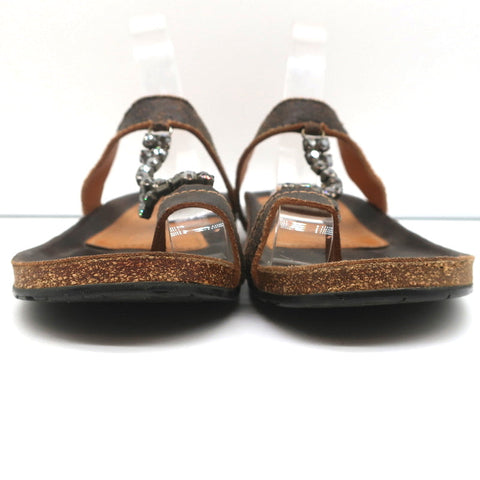 Pedro Garcia Crystal T-Strap Sandals Dark Brown Leather Size 37 Toe Ring Slides