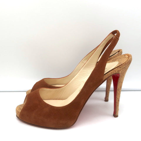 Christian Louboutin No Prive Cork Slingback Sandals Brown Suede Size 41.5