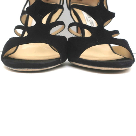 Jimmy Choo Ren Caged Sandals Black Cutout Suede Size 38.5 Peep Toe Booties