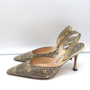 Manolo Blahnik Carolyne Slingback Pumps Ivory Lizard Size 38.5 Pointed Toe Heels