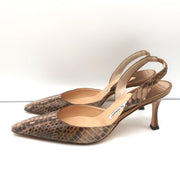 Manolo Blahnik Carolyne Slingback Pumps Brown Snakeskin Size 38.5 Pointed Toe