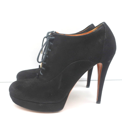Gucci Betty Lace-Up Platform Booties Black Suede Size 38.5