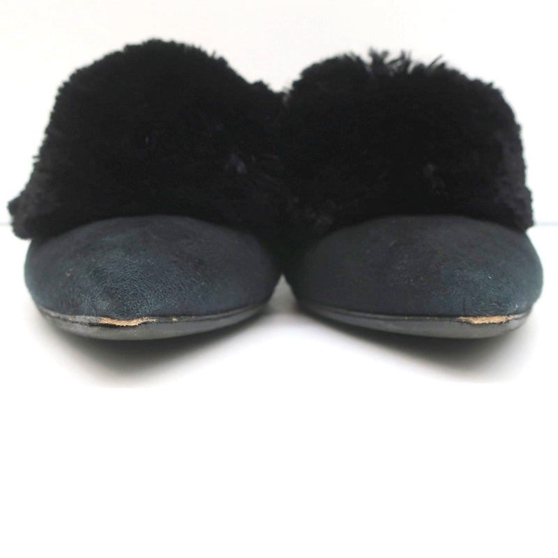 Aquazzura Powder Puff Pom Pom Mules Black Suede Size 38.5 Pointed Toe Flats