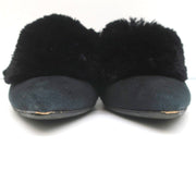 Aquazzura Powder Puff Pom Pom Mules Black Suede Size 38.5 Pointed Toe Flats