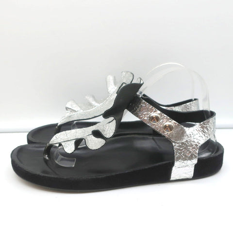 Isabel Marant Leakey Ruffle Sandals Silver Metallic Leather Size 41