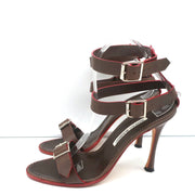 Manolo Blahnik Double Ankle Strap Sandals Dark Brown Leather Size 38.5