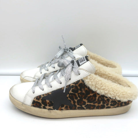 Golden Goose Superstar Sabot Shearling Sneakers Leopard Print Calf Hair Size 37