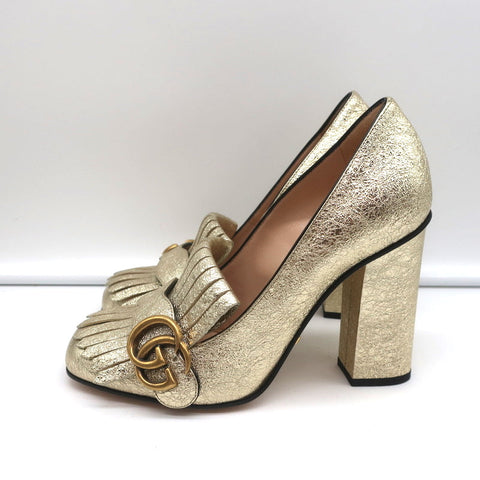 Gucci GG Marmont Fringed Pumps Gold Metallic Cracked Leather Size 36.5