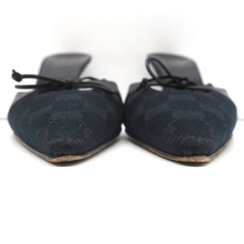 Gucci Bow Mules Black Monogram Canvas & Leather Size 8 Pointed Toe Heels
