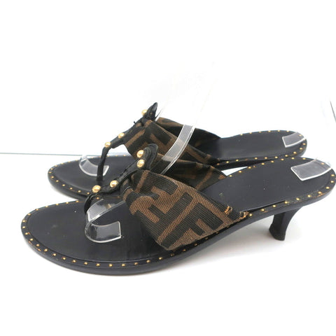 Fendi Zucca Thong Sandals Brown with Black Leather Size 36.5 Kitten Heel Slides
