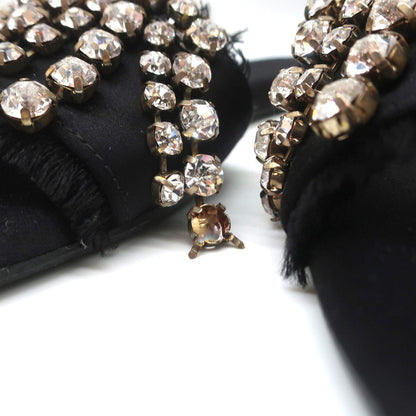 Anna Baiguera Crystal Fringe Slide Sandals Black Satin Size 38 Flat Mules