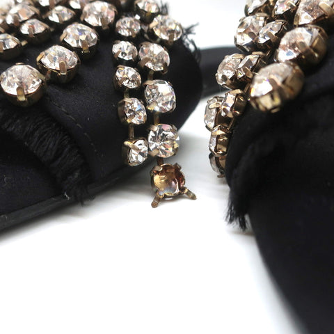Anna Baiguera Crystal Fringe Slide Sandals Black Satin Size 38 Flat Mules