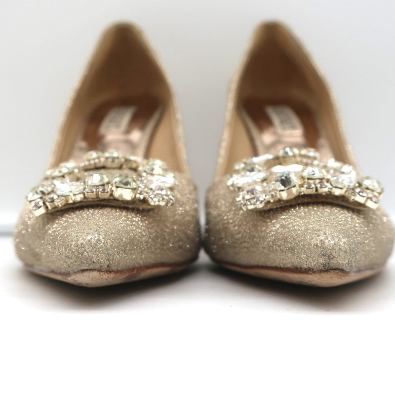 Badgley Mischka Cher Crystal Buckle Pumps Gold Glitter Satin Size 8