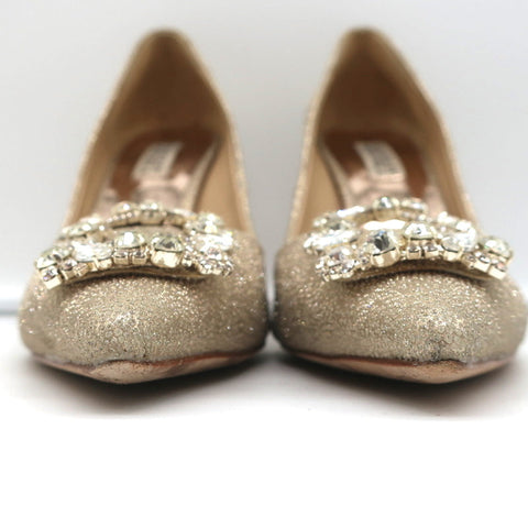 Badgley Mischka Cher Crystal Buckle Pumps Gold Glitter Satin Size 8
