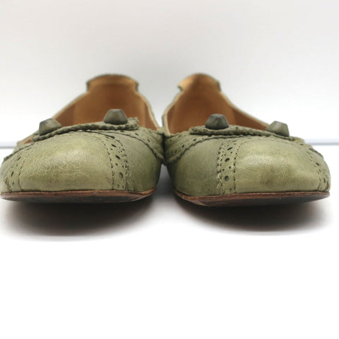 Balenciaga Brogue Studded Ballet Flats Sage Arena Leather Size 38