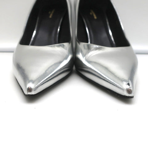 Balenciaga Broken Mirror Heels Silver Metallic Leather Size 37.5 Point-Toe Pumps