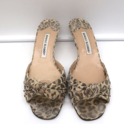 Manolo Blahnik Knot Slide Sandals Metallic Leopard Print Size 39.5 Kitten Heel
