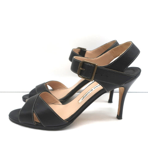 Manolo Blahnik Crisscross Sandals Black Leather Size 39 Ankle Strap Heels