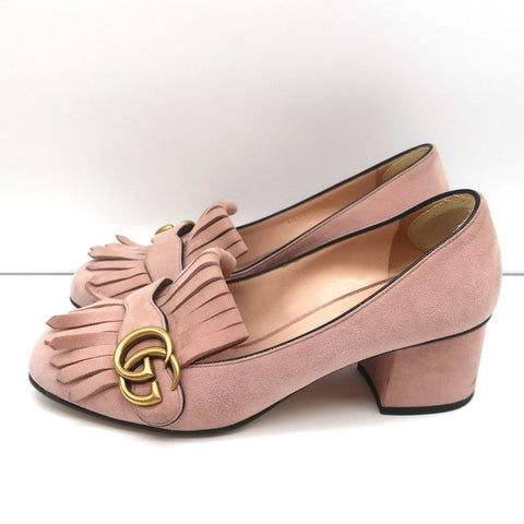 Gucci Marmont Mid-Heel Pumps Light Pink Fringed Suede Size 38