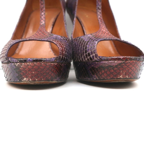 Gucci Platform T-Strap Pumps Purple Snakeskin Size 40 Peep Toe Heels