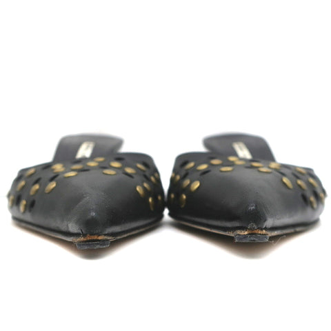 Manolo Blahnik Studded Mules Balu Black Perforated Leather Size 36.5 Kitten Heel