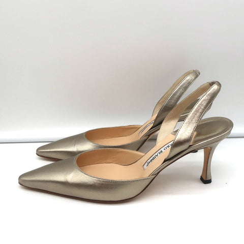 Manolo Blahnik Carolyne Slingback Pumps Gold Metallic Leather Size 38.5