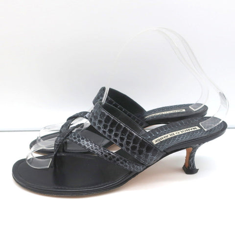 Manolo Blahnik Susa Thong Sandals Black Snakeskin Size 38.5 Kitten Heel Slides